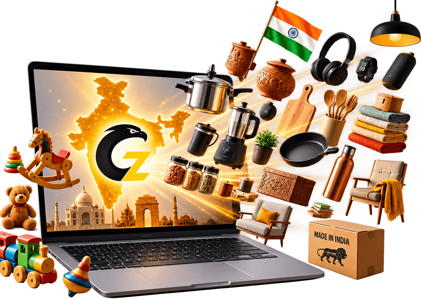 GenZ Made in India products exploding from laptop screen